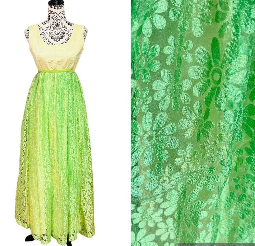 Vintage 50's/60's Bright Lime Green Daisy Lace Maxi Dress XS/Small Flower Power